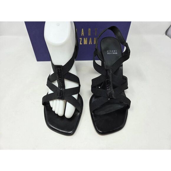 STUART WEITZMAN BLACK LEATHER ELASTIC STRAPPY BASILISK HEELED SANDAL SIZE 8.5M - Picture 2 of 9